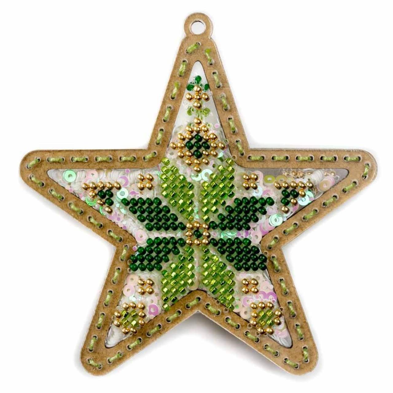 Wonderland Crafts Green & Gold Star Christmas Ornament Bead Embroidery Kit